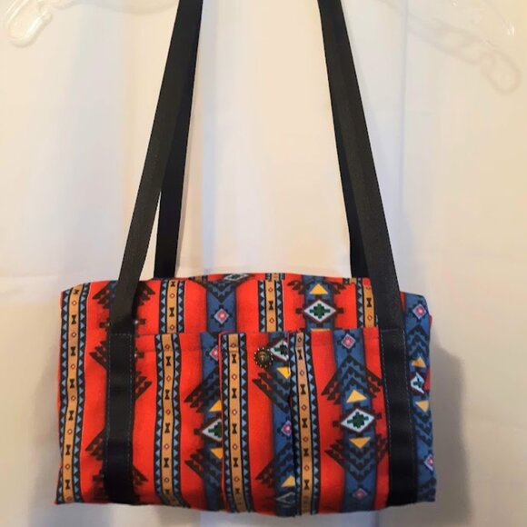 New Southwestern Sarape stripe Mini Duffle Tote Bag Aztec arm bag Red Blue Blk - Picture 6 of 10